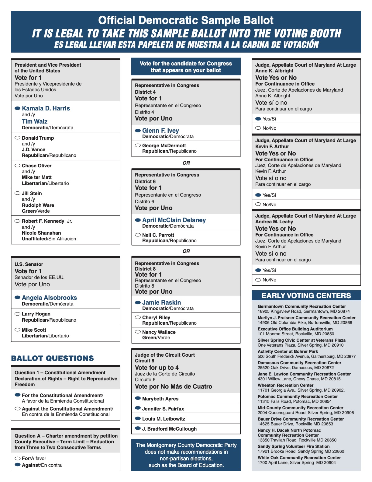 Montgomery County Democratic Party 2024 sample ballot